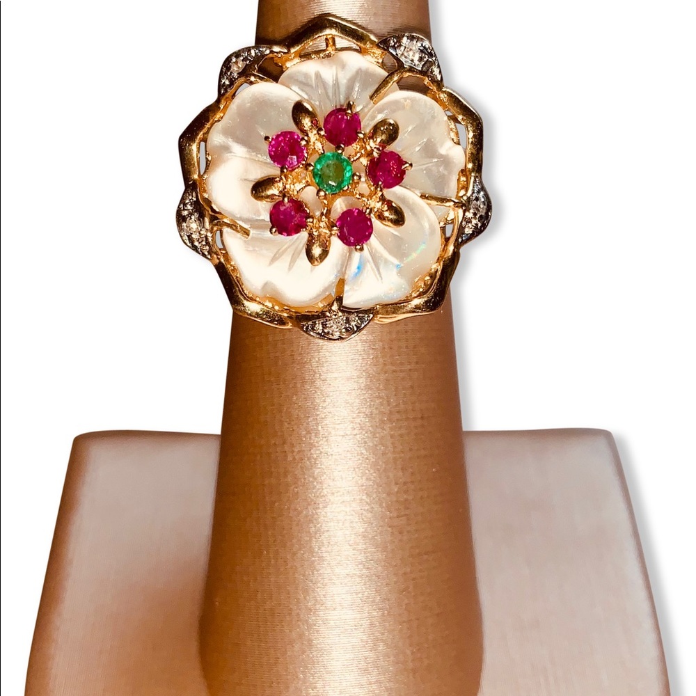 14kt Gold MOP Emerald Ruby Diamond Flower Ring 7.5
